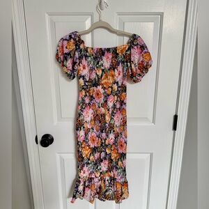 Hello Molly Floral Puff Sleeve Smocked Midi Dress - Pink & Orange